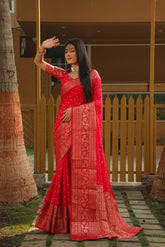 Wonderful Red Color Bandhej Kanjivaram Silk Saree